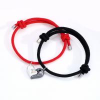 Couple Bracelet and Bangle Zinc Alloy with Wax Cord Heart plated 2 pieces & adjustable & for couple & with rhinestone & hollow 65-80mm Sold By Set