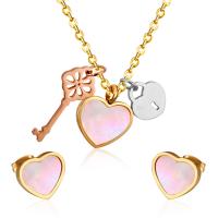 Fashion Stainless Steel Jewelry Sets Stud Earring & necklace with Shell heart and key plated for woman Length 17.72 Inch Sold By Set