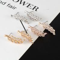 Tibetan Style Stud Earring, Leaf, plated, fashion jewelry & for woman & with rhinestone, more colors for choice, 25x8mm, Sold By Pair