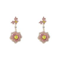 Brinco de strass, liga de zinco, Flor, joias de moda & para mulher & com strass, rosa, 66x31mm, vendido por par