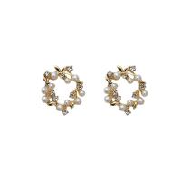 Zinc Alloy Stud Earring with ABS Plastic Pearl & Rhinestone sterling silver post pin gold color plated gold nickel lead & cadmium free Sold By Pair