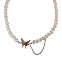 Titanium Steel Necklace, with Plastic Pearl, Butterfly, silver color plated, fashion jewelry & for woman, Length:Approx 15.7 Inch, Sold By PC