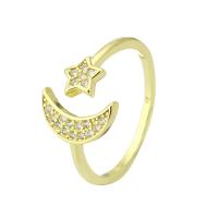 Brass Cuff Finger Ring, Moon and Star, gold color plated, Adjustable & micro pave cubic zirconia, US Ring Size:7, Sold By PC