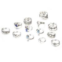 Juego de anillos de aleación de zinc, chapado en color de platina, 13 piezas & con diamantes de imitación, 1.6cm,1.7cm,1.5cm,1.3cm, Vendido por Set