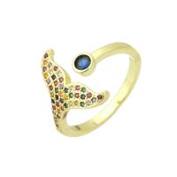 cobre Cuff Ring Finger, Cauda de sereia, cromado de cor dourada, Ajustável & micro pavimento em zircônia cúbica, tamanho:7, vendido por PC