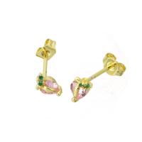 Cubic Zirconia Micro Pave Brass Earring, Strawberry, gold color plated, micro pave cubic zirconia, 5x7x15mm, Sold By Pair