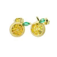 Cubic Zirconia Micro Pave Brass Earring, Orange, real gold plated, micro pave cubic zirconia, 8x11x15mm, Sold By Pair