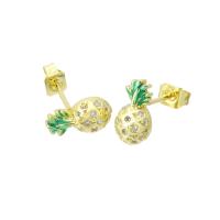 Cubic Zirconia Micro Pave Brass Earring, Pineapple, high quality gold color plated, micro pave cubic zirconia & enamel, 6x10x16mm, Sold By Pair
