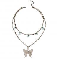 Tibetan Style Jewelry Necklace, with Acrylic, with 2.36 extender chain, Butterfly, silver color plated, Double Layer & with rhinestone, silver color, nickel, lead & cadmium free, Length:42 cm, Sold By PC
