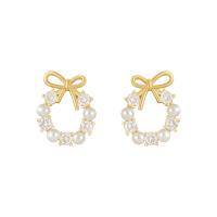 Zinc Alloy Stud Earring with Plastic Pearl Bowknot gold color plated for woman & with rhinestone & hollow nickel lead & cadmium free 15mm Sold By Pair