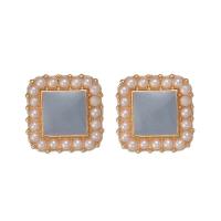 Tibetan Style Stud Earring, with Plastic Pearl, Square, gold color plated, fashion jewelry & for woman, nickel, lead & cadmium free, 10mm, Sold By Pair