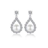 Cubic Zirconia Micro Pave Brass Earring, with Plastic Pearl, platinum color plated, micro pave cubic zirconia & for woman, 12.90x24mm, Sold By PC