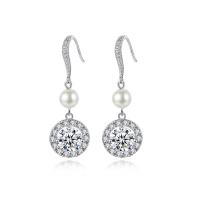 Cubic Zirconia Micro Pave Brass Earring, with Plastic Pearl, platinum color plated, micro pave cubic zirconia & for woman, 12.80x39mm, Sold By Pair