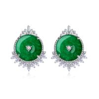 Cubic Zirconia Micro Pave Brass Earring, with Green Calcedony, platinum color plated, micro pave cubic zirconia & for woman, 21x26mm, Sold By Pair