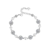 Cubic Zirconia Micro Pave Brass Bracelet with Plastic Pearl with 1.57 inch extender chain platinum color plated micro pave cubic zirconia & for woman Sold By PC