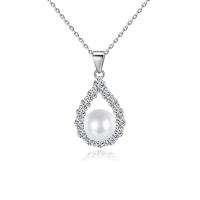 Cubic Zircon Micro Pave Brass Necklace, with Plastic Pearl, with 1.96 inch extender chain, platinum color plated, micro pave cubic zirconia & for woman, 12.90x24.20mm, Length:Approx 15.74 Inch, Sold By PC