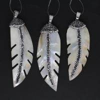 Shell Pendants, Brass, with Rhinestone Clay Pave & Shell, Feather, mixed colors, 68x23x8mm, Sold By PC
