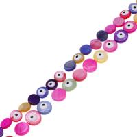 Perles de coquille colore naturelle, Plat rond, DIY & motif de mauvais œil, multicolore, Vendu par 38 cm brin