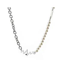 Titanium Steel Necklace with Plastic Pearl silver color plated fashion jewelry two different colored nickel lead & cadmium free Length 47 cm Sold By PC