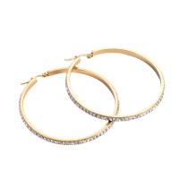 Stainless Steel Hoop Earring, Round, gold color plated, with rhinestone, golden, Sold By Pair