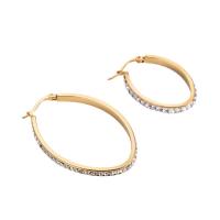 Titanium Steel Hoop Earring, Oval, gold color plated, with rhinestone, golden, Sold By Pair
