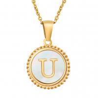Stainless Steel Jewelry Necklace, with White Shell, Round, gold color plated, fashion jewelry & different styles for choice & with letter pattern, golden, 16mm, Length:45 cm, Sold By PC