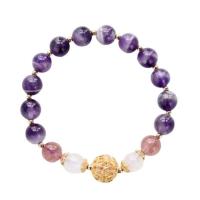 Gemstone Bracelets, Amethyst, with Moonstone & Strawberry Quartz & Brass, gold color plated, for woman & hollow, more colors for choice, 8mm, 17PCs/Strand, Sold By Strand