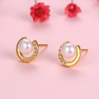 Freshwater Pearl Earrings 925 Sterling Silver with Freshwater Pearl plated for woman & with rhinestone 8mm Sold By PC