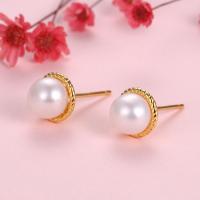 Freshwater Pearl Earrings, 925 Sterling Silver, with Freshwater Pearl, gold color plated, for woman & with rhinestone, more colors for choice, 8x8mm, Sold By Pair