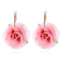 Boucles d'oreilles en alliage de zinc, avec tissu, bijoux de mode & pour femme, rose, 60x35mm, Vendu par paire