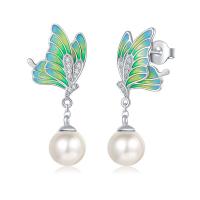 Brass Drop Earring, with Cubic Zirconia & Plastic Pearl, brass post pin, Butterfly, platinum plated, green, nickel, lead & cadmium free, 32x15mm, Sold By Pair