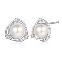 925 Sterling Silver Stud Earrings, with Shell Pearl & Cubic Zirconia, sterling silver post pin, platinum plated, more colors for choice, 11x11mm, Sold By Pair