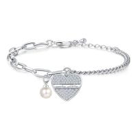 Cubic Zirconia Micro Pave Brass Bracelet with Shell Pearl & Cubic Zirconia with 1.18Inch extender chain Heart platinum plated silver color nickel lead & cadmium free Sold Per Approx 6.3 Inch Strand