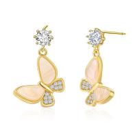 Cubic Zirconia Micro Pave Brass Earring with Shell Pearl & Cubic Zirconia sterling silver post pin Butterfly gold color plated golden nickel lead & cadmium free Sold By Pair