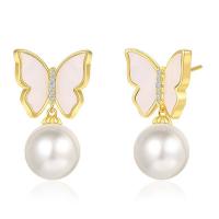Cubic Zirconia Micro Pave Brass Earring with Shell Pearl & Cubic Zirconia sterling silver post pin Butterfly gold color plated nickel lead & cadmium free Sold By Pair