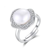 Freshwater Pearl Finger Ring, 925 Sterling Silver, with Cubic Zirconia & Freshwater Pearl, Donut, platinum plated, white, 10mm, Sold By PC