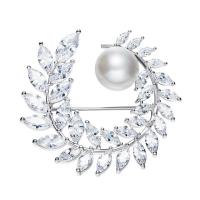 Cubic Zirconia Brooch, Brass, with Shell Pearl & Cubic Zirconia, platinum plated, white, nickel, lead & cadmium free, 40x42mm, Sold By PC