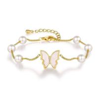 Shell Jewelry Bracelet, Brass, with Shell Pearl, brass lobster clasp, with 1.18Inch extender chain, Butterfly, gold color plated, golden, nickel, lead & cadmium free, 13x13mm, Length:Approx 5.7 Inch, Sold By PC