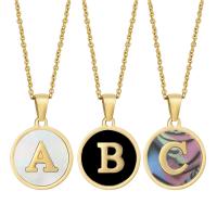Stainless Steel Jewelry Necklace with White Shell & Abalone Shell & enamel Round gold color plated fashion jewelry & letters are from A to Z Length 17.72 Inch Sold By PC