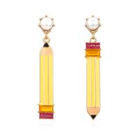 Pendientes de Aleación de Zinc, con Perlas plásticas, Lápiz, chapado en color dorado, para mujer & esmalte & con diamantes de imitación, 12x72mm, Vendido por Par