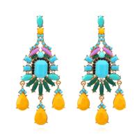 Rhinestone Earring, Tibetan Style, gold color plated, for woman & with rhinestone, blue and yellow, 40x88mm, Sold By Pair