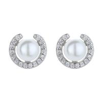Cubic Zirconia Micro Pave Sterling Silver Earring, 925 Sterling Silver, with Shell Pearl, plated, micro pave cubic zirconia & for woman, more colors for choice, 8.30x7.60mm, Sold By Pair