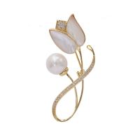 Cubic Zirconia Brooch Brass with Shell & Plastic Pearl Tulip plated micro pave cubic zirconia & for woman Sold By PC