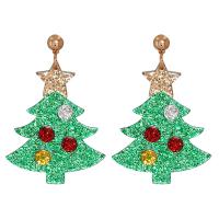 Christmas Earrings Resin with Zinc Alloy Christmas Tree gold color plated Christmas Design & for woman green Sold By Pair