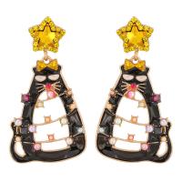 Christmas Earrings, Tibetan Style, Cat, gold color plated, Christmas Design & for woman & enamel & with rhinestone, more colors for choice, 32x60mm, Sold By Pair