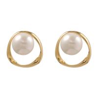 Brass Stud Earring, with Plastic Pearl, gold color plated, fashion jewelry & for woman, nickel, lead & cadmium free, 20x20mm, Sold By Pair