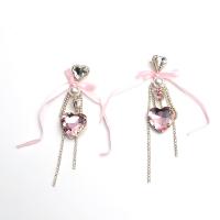 Brass Drop Earring, with Imitated Crystal, fashion jewelry & for woman & with rhinestone, pink, 130x26.50mm, Sold By Pair