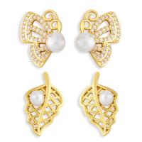 Brass Stud Earring with Plastic Pearl gold color plated fashion jewelry & micro pave cubic zirconia golden nickel lead & cadmium free Sold By Pair