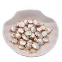 Freshwater Pearl Connector, with Tibetan Style, Flat Round, gold color plated, DIY, white, 13mm, 5PC/Bag, Sold By Bag