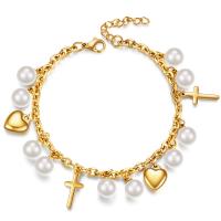 Titanium Steel Bracelet with Plastic Pearl with 1.18inch extender chain Cross plated oval chain & for woman Length Approx 6.7 Inch Sold By PC